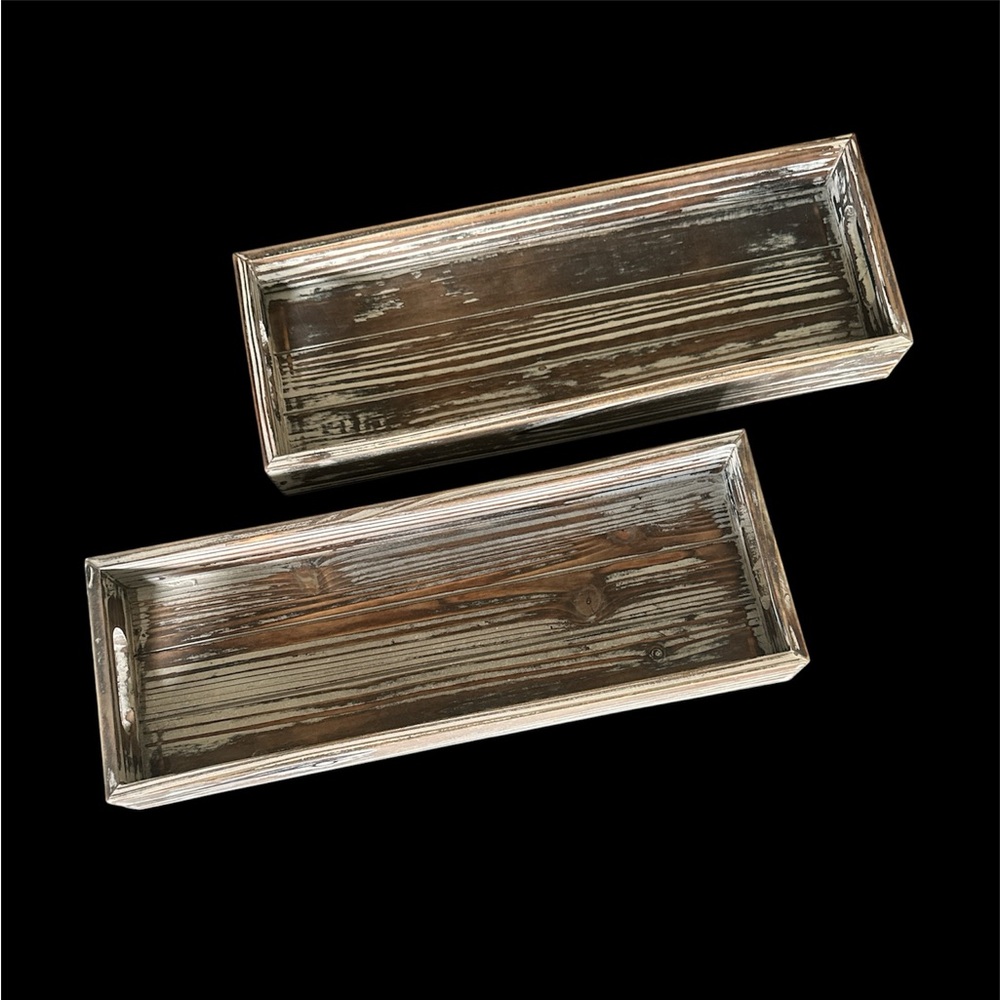 Two 16 x 6 Inch Rustic Torched Brown Wood Decorative Trays with Cutout Handles
